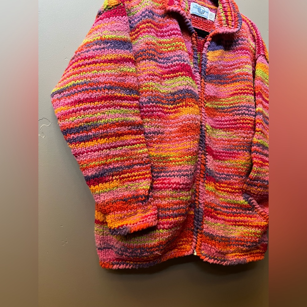 The Sweater Venture Hand Knit 100% Wool Collared Full Zipper front Pockets